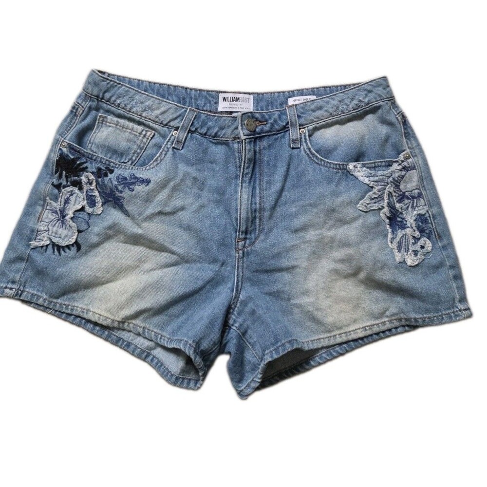William Rast Perfect Denim Shorts Floral Embroidered Distressed Light Wash Sz 31